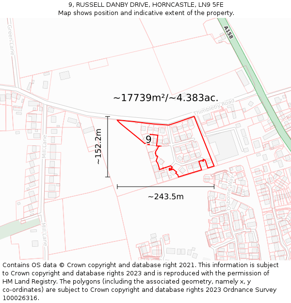 9, RUSSELL DANBY DRIVE, HORNCASTLE, LN9 5FE: Plot and title map