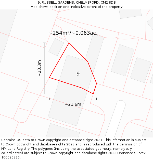 9, RUSSELL GARDENS, CHELMSFORD, CM2 8DB: Plot and title map