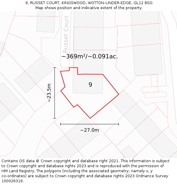 9, RUSSET COURT, KINGSWOOD, WOTTON-UNDER-EDGE, GL12 8SG: Plot and title map