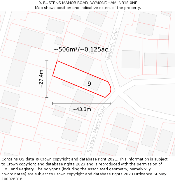 9, RUSTENS MANOR ROAD, WYMONDHAM, NR18 0NE: Plot and title map