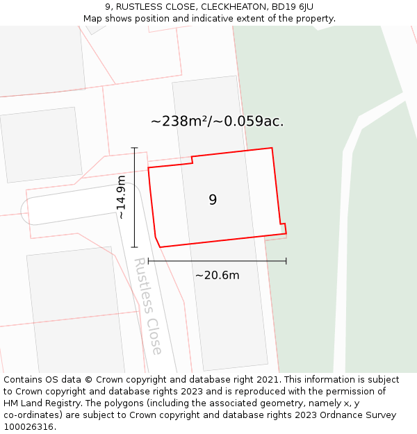 9, RUSTLESS CLOSE, CLECKHEATON, BD19 6JU: Plot and title map