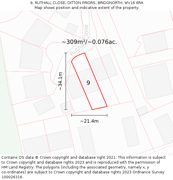 9, RUTHALL CLOSE, DITTON PRIORS, BRIDGNORTH, WV16 6RA: Plot and title map