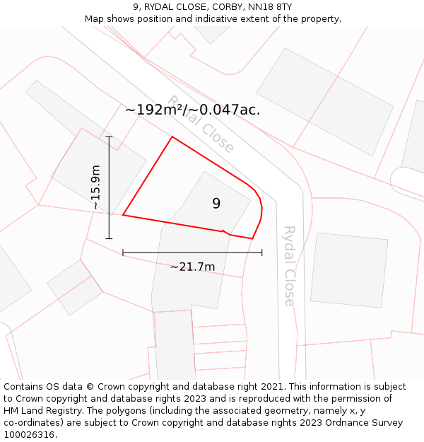 9, RYDAL CLOSE, CORBY, NN18 8TY: Plot and title map