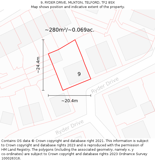 9, RYDER DRIVE, MUXTON, TELFORD, TF2 8SX: Plot and title map