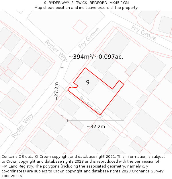 9, RYDER WAY, FLITWICK, BEDFORD, MK45 1GN: Plot and title map