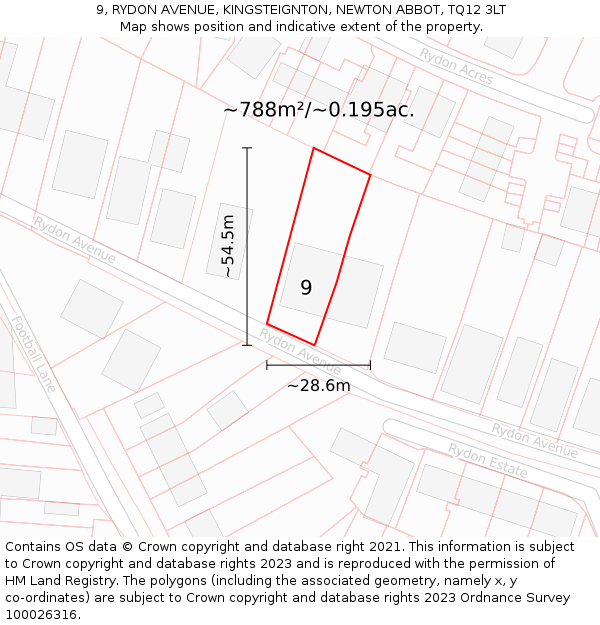 9, RYDON AVENUE, KINGSTEIGNTON, NEWTON ABBOT, TQ12 3LT: Plot and title map