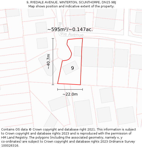 9, RYEDALE AVENUE, WINTERTON, SCUNTHORPE, DN15 9BJ: Plot and title map