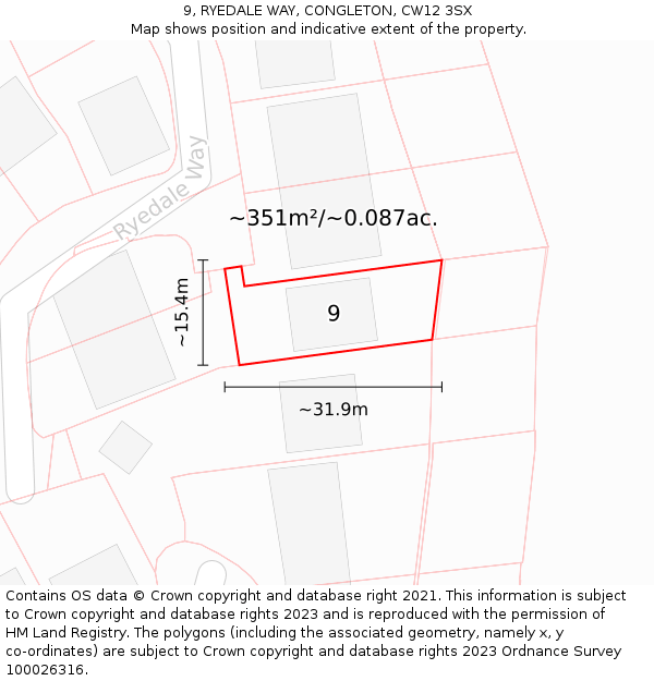 9, RYEDALE WAY, CONGLETON, CW12 3SX: Plot and title map