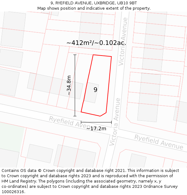9, RYEFIELD AVENUE, UXBRIDGE, UB10 9BT: Plot and title map
