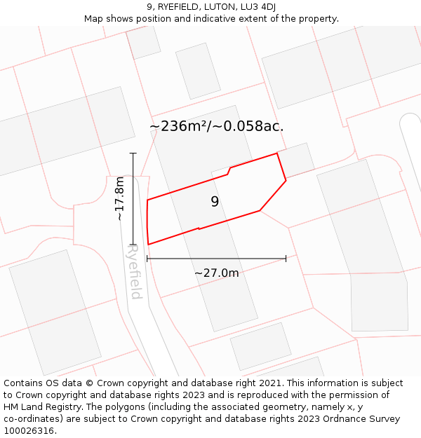 9, RYEFIELD, LUTON, LU3 4DJ: Plot and title map
