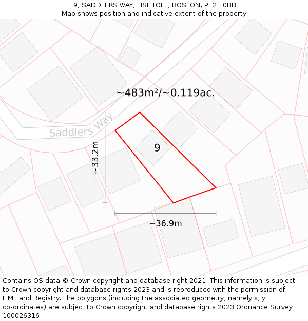 9, SADDLERS WAY, FISHTOFT, BOSTON, PE21 0BB: Plot and title map