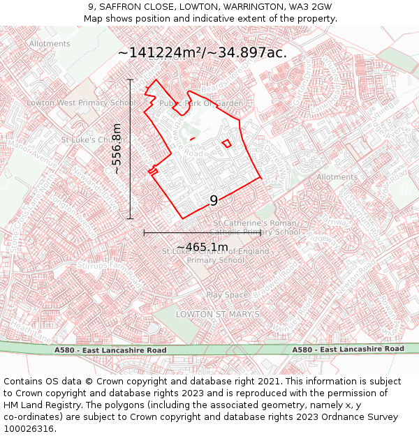 9, SAFFRON CLOSE, LOWTON, WARRINGTON, WA3 2GW: Plot and title map