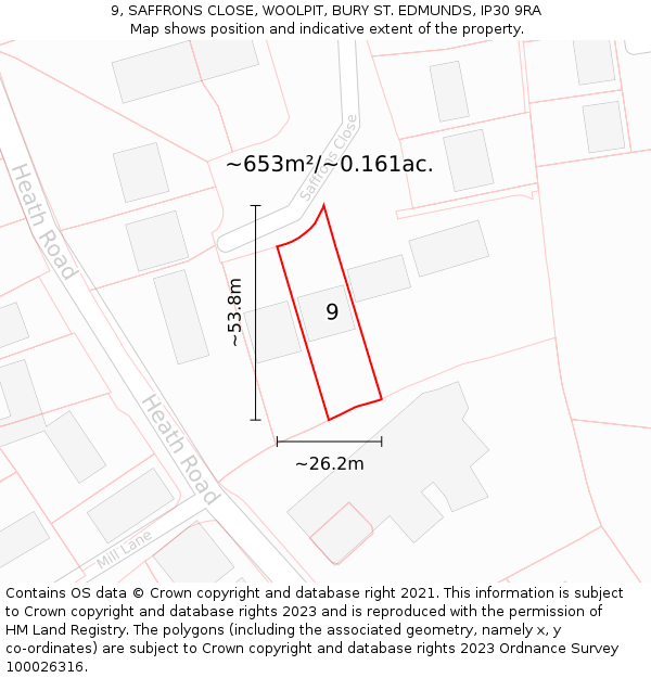 9, SAFFRONS CLOSE, WOOLPIT, BURY ST. EDMUNDS, IP30 9RA: Plot and title map
