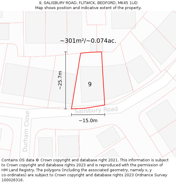 9, SALISBURY ROAD, FLITWICK, BEDFORD, MK45 1UD: Plot and title map
