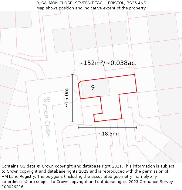9, SALMON CLOSE, SEVERN BEACH, BRISTOL, BS35 4NS: Plot and title map