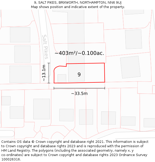 9, SALT PIKES, BRIXWORTH, NORTHAMPTON, NN6 9UJ: Plot and title map