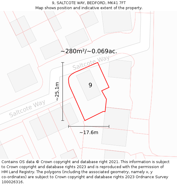 9, SALTCOTE WAY, BEDFORD, MK41 7FT: Plot and title map