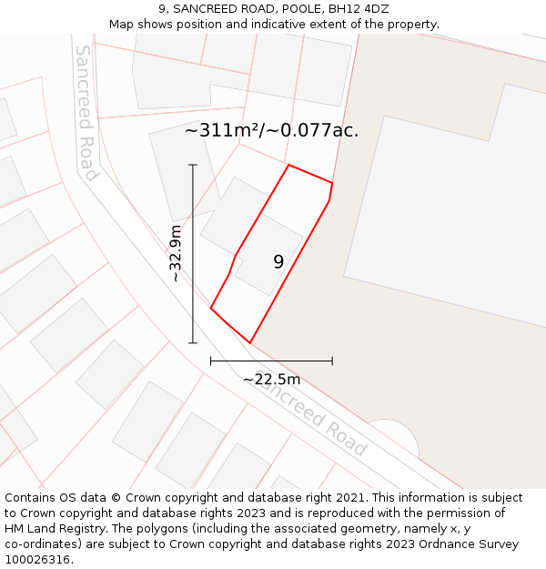 9, SANCREED ROAD, POOLE, BH12 4DZ: Plot and title map