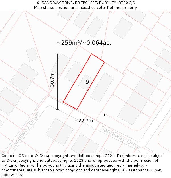 9, SANDIWAY DRIVE, BRIERCLIFFE, BURNLEY, BB10 2JS: Plot and title map