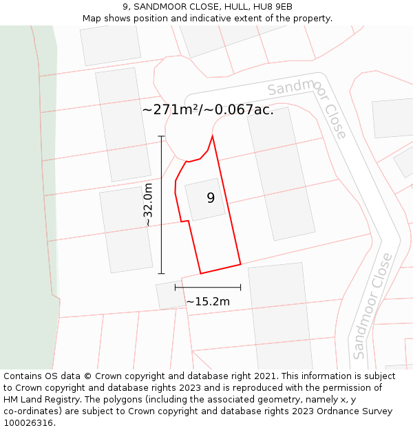 9, SANDMOOR CLOSE, HULL, HU8 9EB: Plot and title map