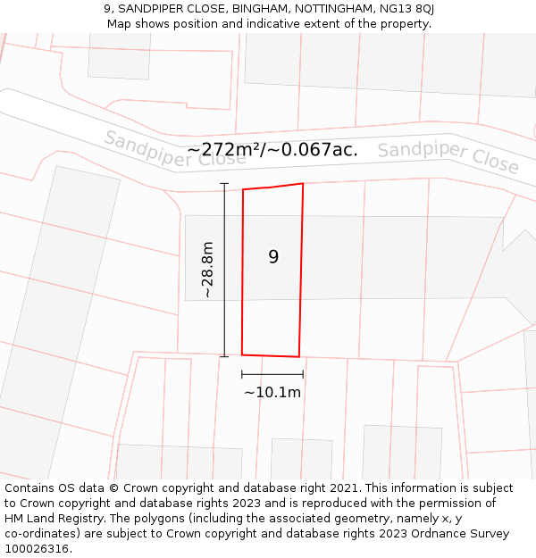 9, SANDPIPER CLOSE, BINGHAM, NOTTINGHAM, NG13 8QJ: Plot and title map