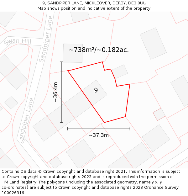 9, SANDPIPER LANE, MICKLEOVER, DERBY, DE3 0UU: Plot and title map