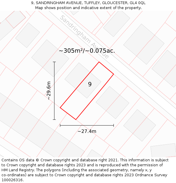 9, SANDRINGHAM AVENUE, TUFFLEY, GLOUCESTER, GL4 0QL: Plot and title map