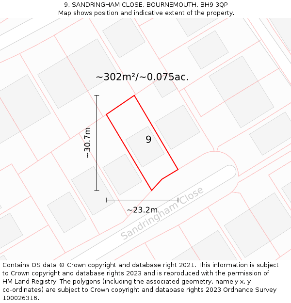 9, SANDRINGHAM CLOSE, BOURNEMOUTH, BH9 3QP: Plot and title map