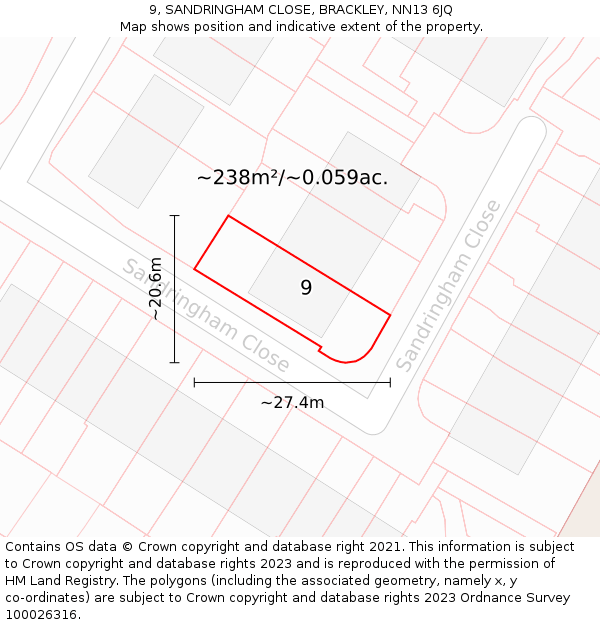 9, SANDRINGHAM CLOSE, BRACKLEY, NN13 6JQ: Plot and title map