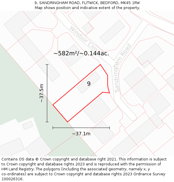 9, SANDRINGHAM ROAD, FLITWICK, BEDFORD, MK45 1RW: Plot and title map