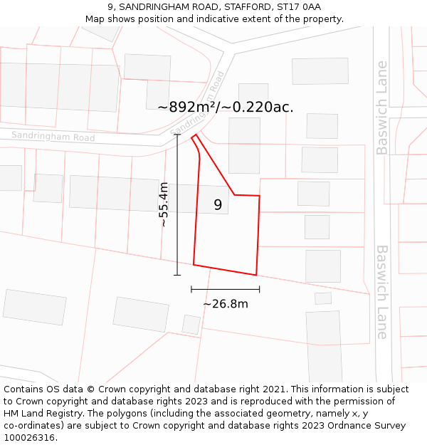 9, SANDRINGHAM ROAD, STAFFORD, ST17 0AA: Plot and title map