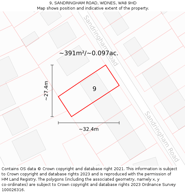 9, SANDRINGHAM ROAD, WIDNES, WA8 9HD: Plot and title map