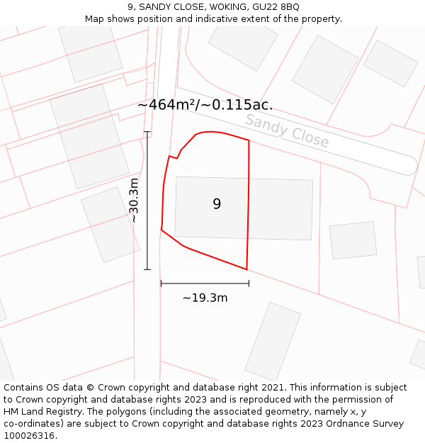 9, SANDY CLOSE, WOKING, GU22 8BQ: Plot and title map