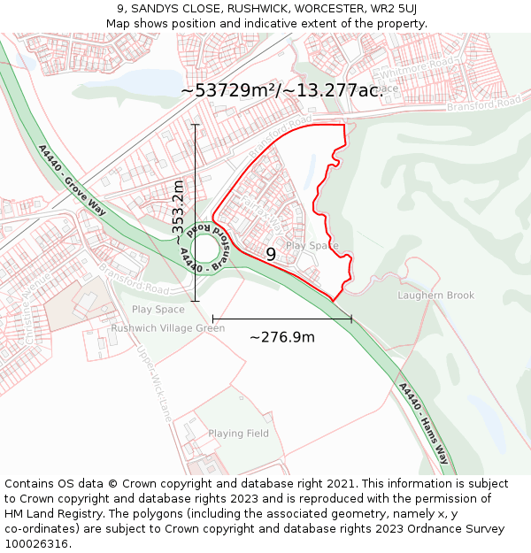 9, SANDYS CLOSE, RUSHWICK, WORCESTER, WR2 5UJ: Plot and title map