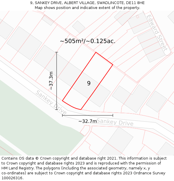9, SANKEY DRIVE, ALBERT VILLAGE, SWADLINCOTE, DE11 8HE: Plot and title map