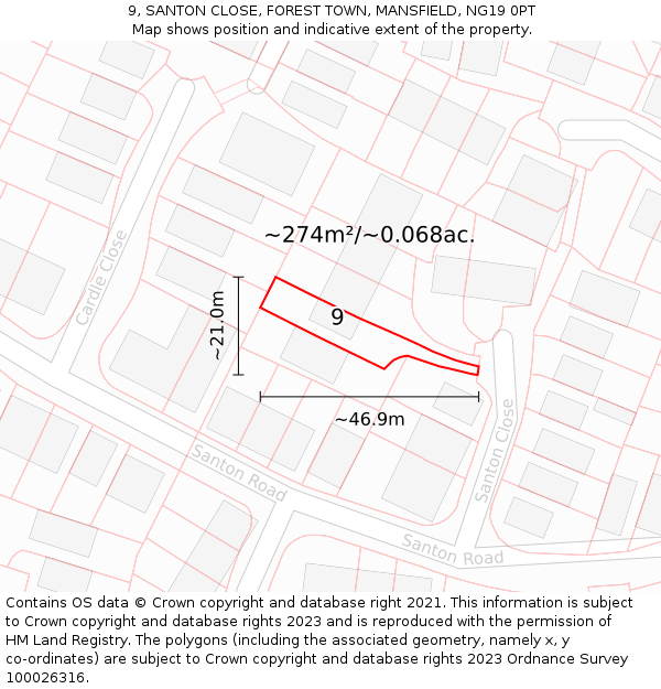 9, SANTON CLOSE, FOREST TOWN, MANSFIELD, NG19 0PT: Plot and title map