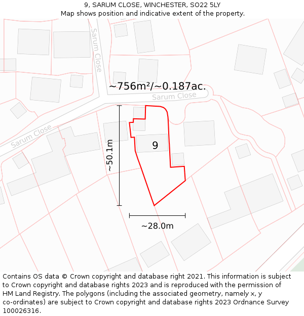 9, SARUM CLOSE, WINCHESTER, SO22 5LY: Plot and title map