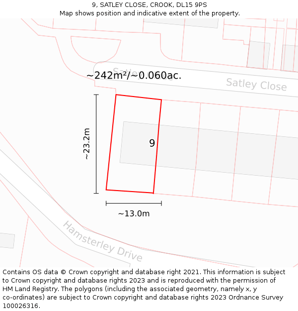 9, SATLEY CLOSE, CROOK, DL15 9PS: Plot and title map