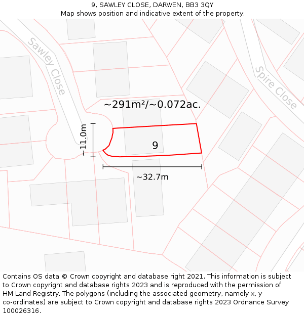 9, SAWLEY CLOSE, DARWEN, BB3 3QY: Plot and title map