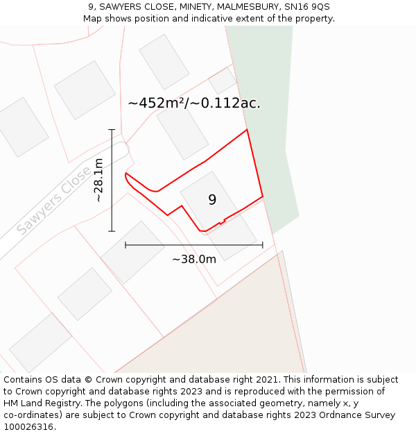 9, SAWYERS CLOSE, MINETY, MALMESBURY, SN16 9QS: Plot and title map