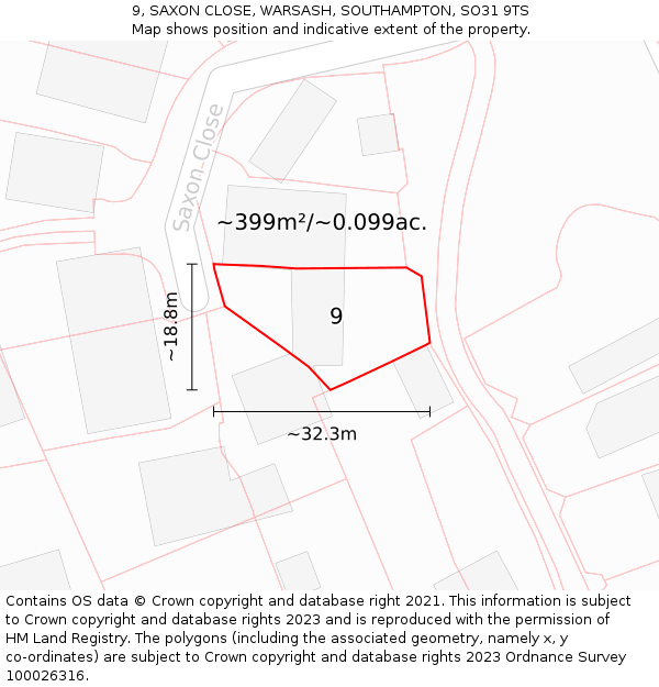 9, SAXON CLOSE, WARSASH, SOUTHAMPTON, SO31 9TS: Plot and title map