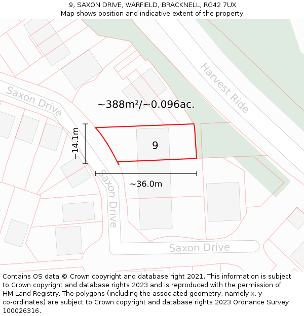 9, SAXON DRIVE, WARFIELD, BRACKNELL, RG42 7UX: Plot and title map