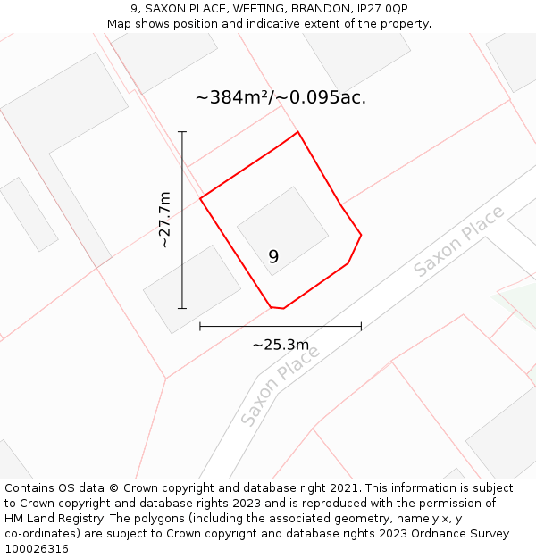 9, SAXON PLACE, WEETING, BRANDON, IP27 0QP: Plot and title map