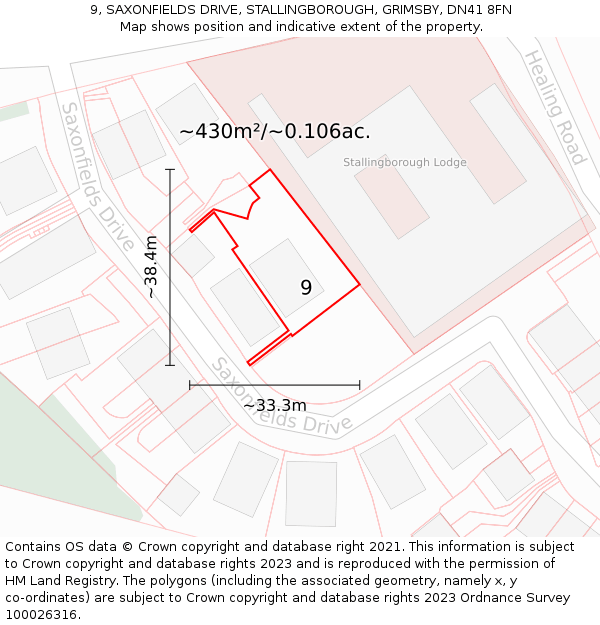 9, SAXONFIELDS DRIVE, STALLINGBOROUGH, GRIMSBY, DN41 8FN: Plot and title map
