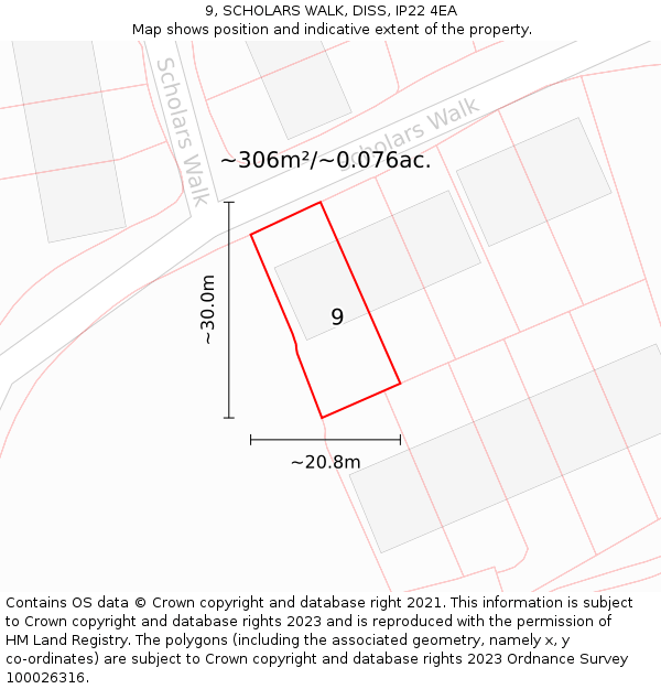 9, SCHOLARS WALK, DISS, IP22 4EA: Plot and title map