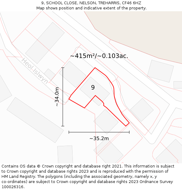 9, SCHOOL CLOSE, NELSON, TREHARRIS, CF46 6HZ: Plot and title map