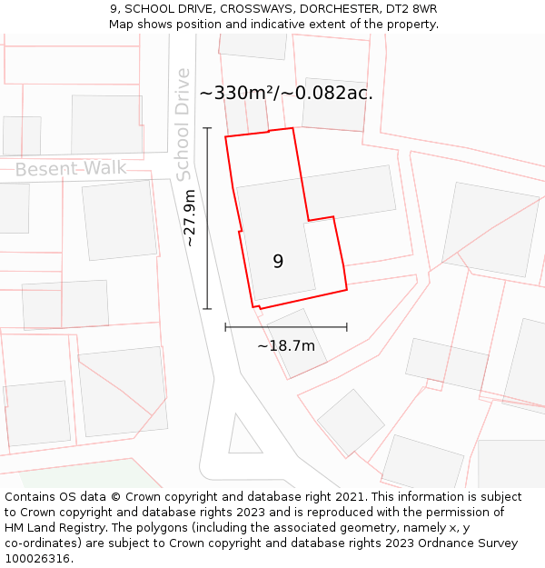 9, SCHOOL DRIVE, CROSSWAYS, DORCHESTER, DT2 8WR: Plot and title map