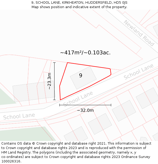 9, SCHOOL LANE, KIRKHEATON, HUDDERSFIELD, HD5 0JS: Plot and title map