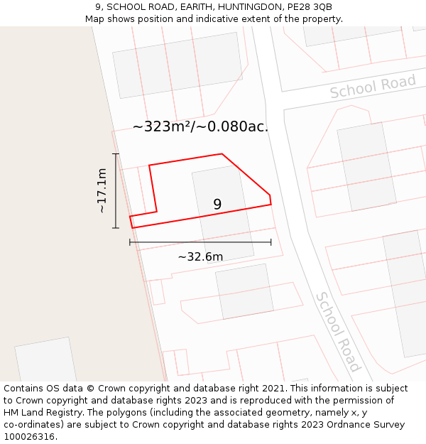 9, SCHOOL ROAD, EARITH, HUNTINGDON, PE28 3QB: Plot and title map