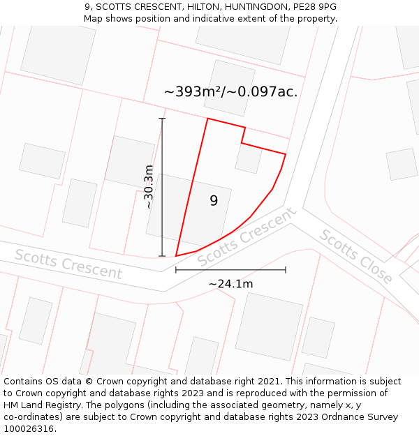 9, SCOTTS CRESCENT, HILTON, HUNTINGDON, PE28 9PG: Plot and title map